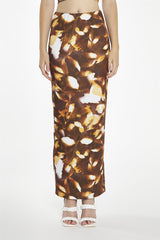 Brown Digital-Leaf Bodycon Maxi-Skirt