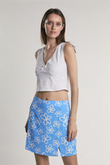 Blue-Scribble-Daisy Side-Slit Mini-Skirt