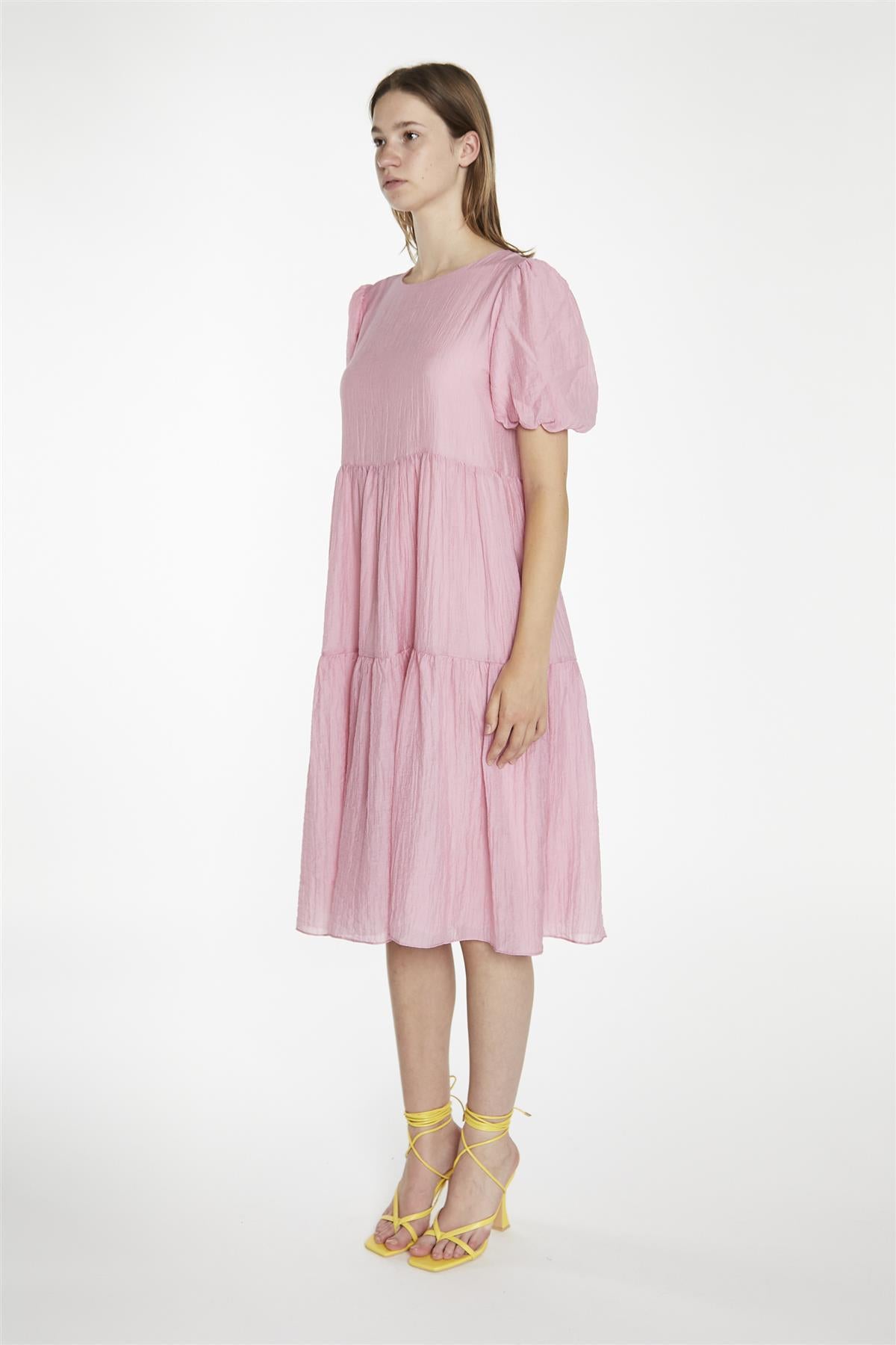 Soft-Pink Tiered Midi-Dress