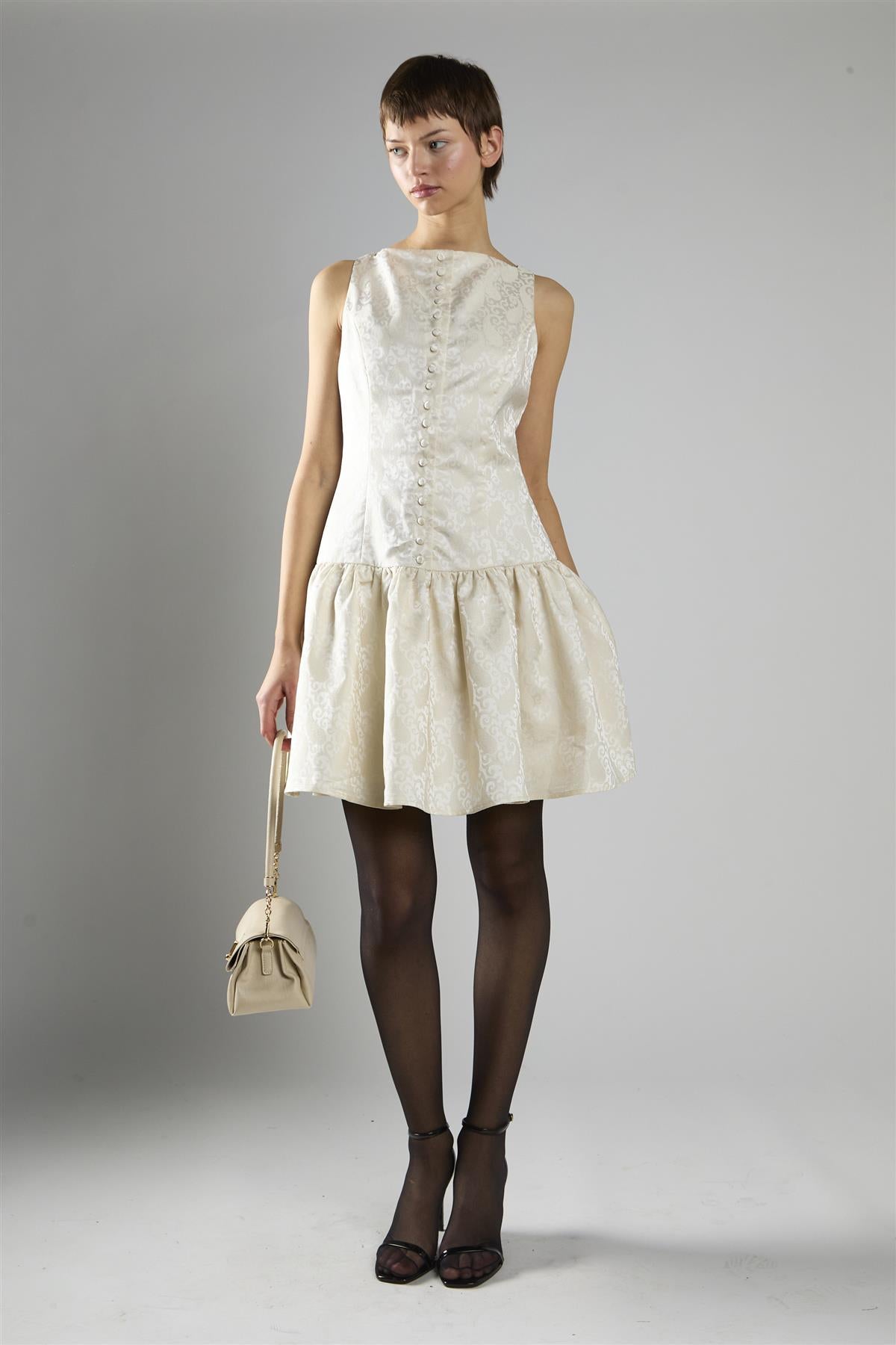 Cream Brocade Sleeveless Button-Front A-Line Dress