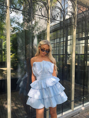 Light Blue Tiered Pleated Mini-Dress
