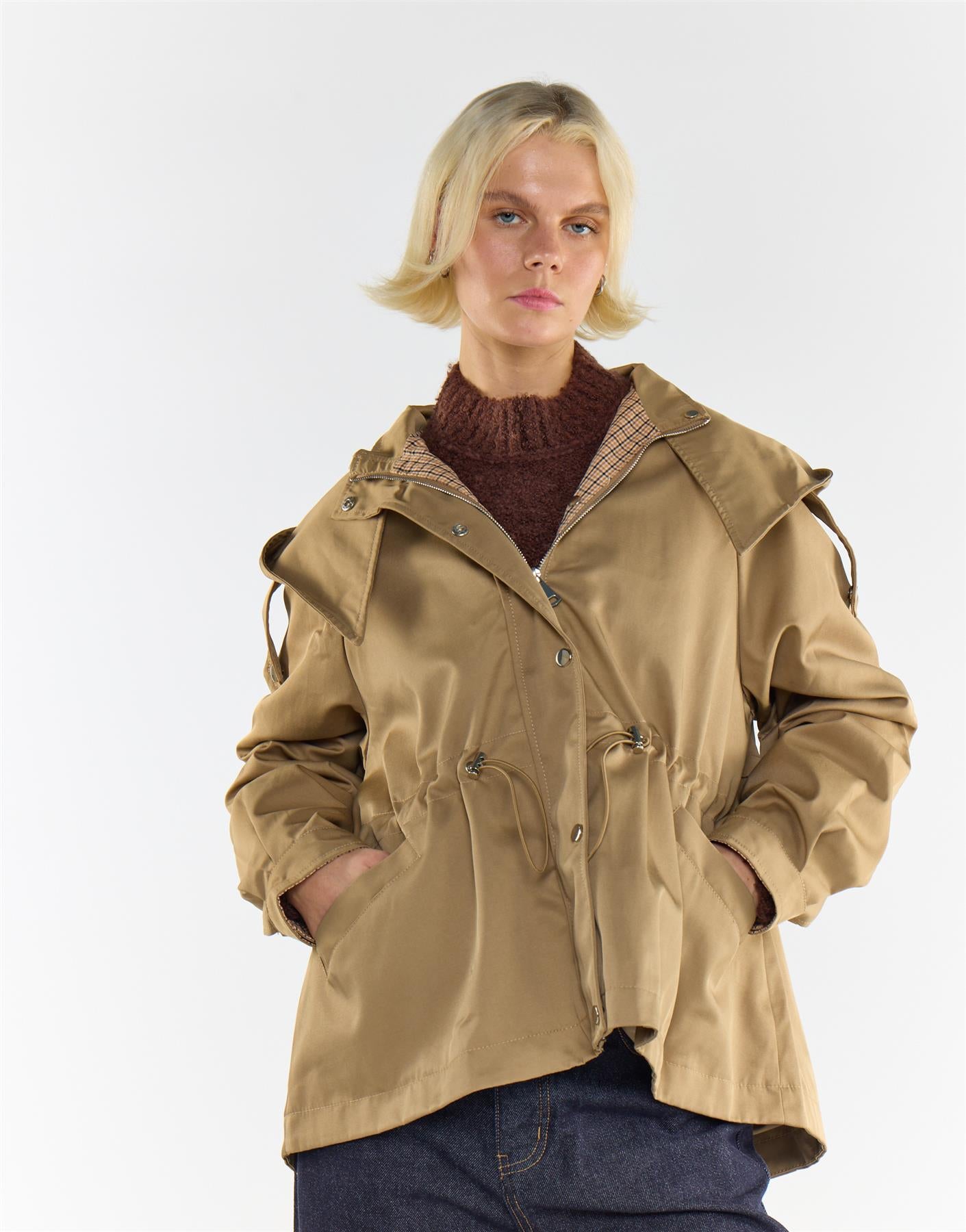 Beige Trench Jacket With Hood and Check Lining