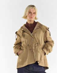 Beige Trench Jacket With Hood and Check Lining