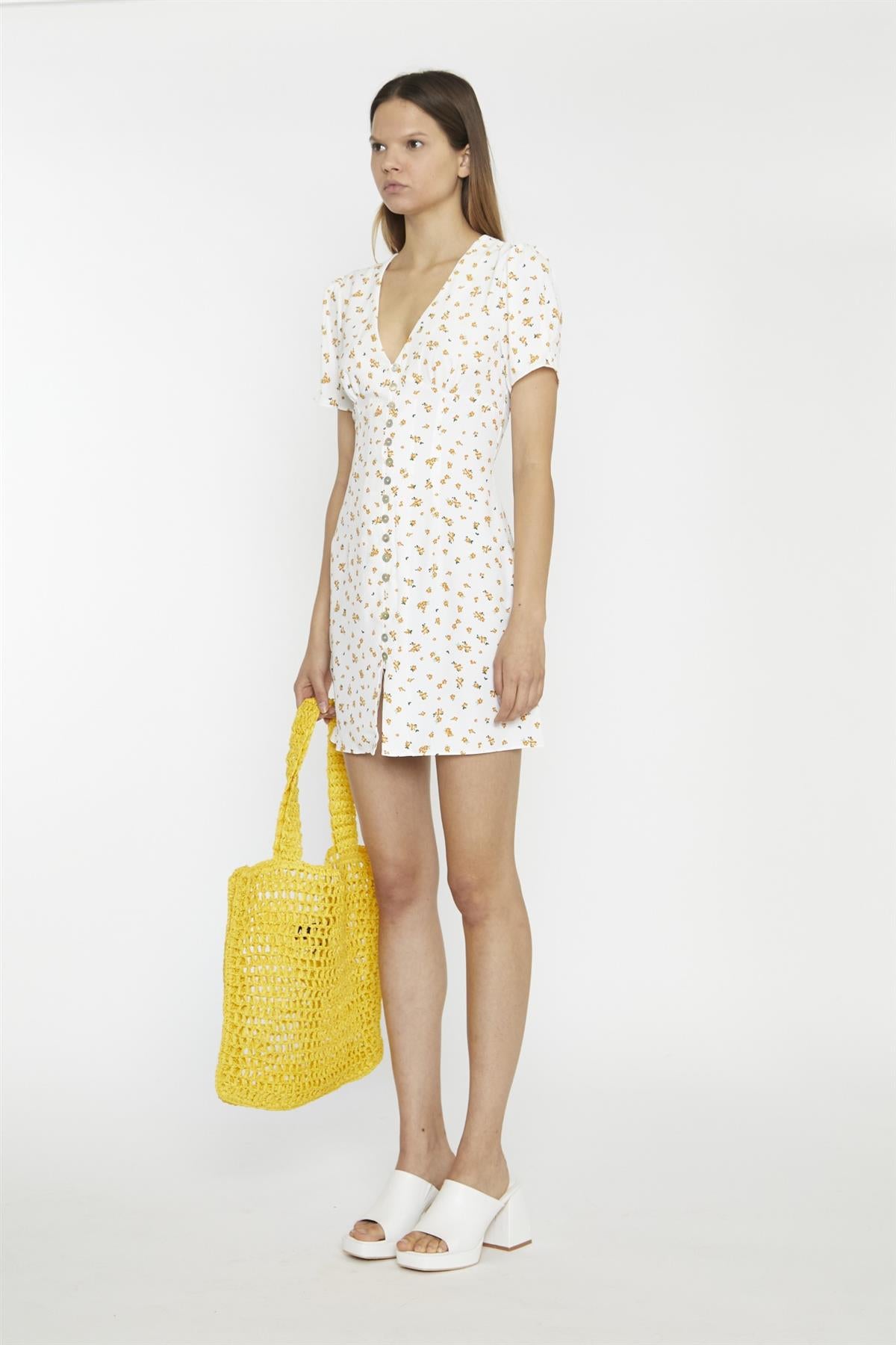 White Orange Ditsy V-Neck Button Down Mini-Dress