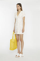 White Orange Ditsy V-Neck Button Down Mini-Dress