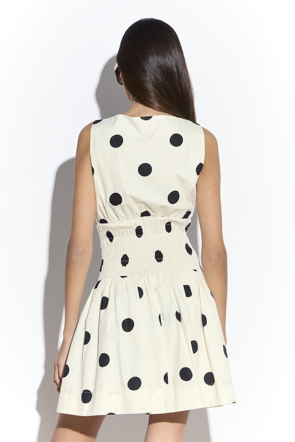 Cream Spot Smocked Waist Mini Dress