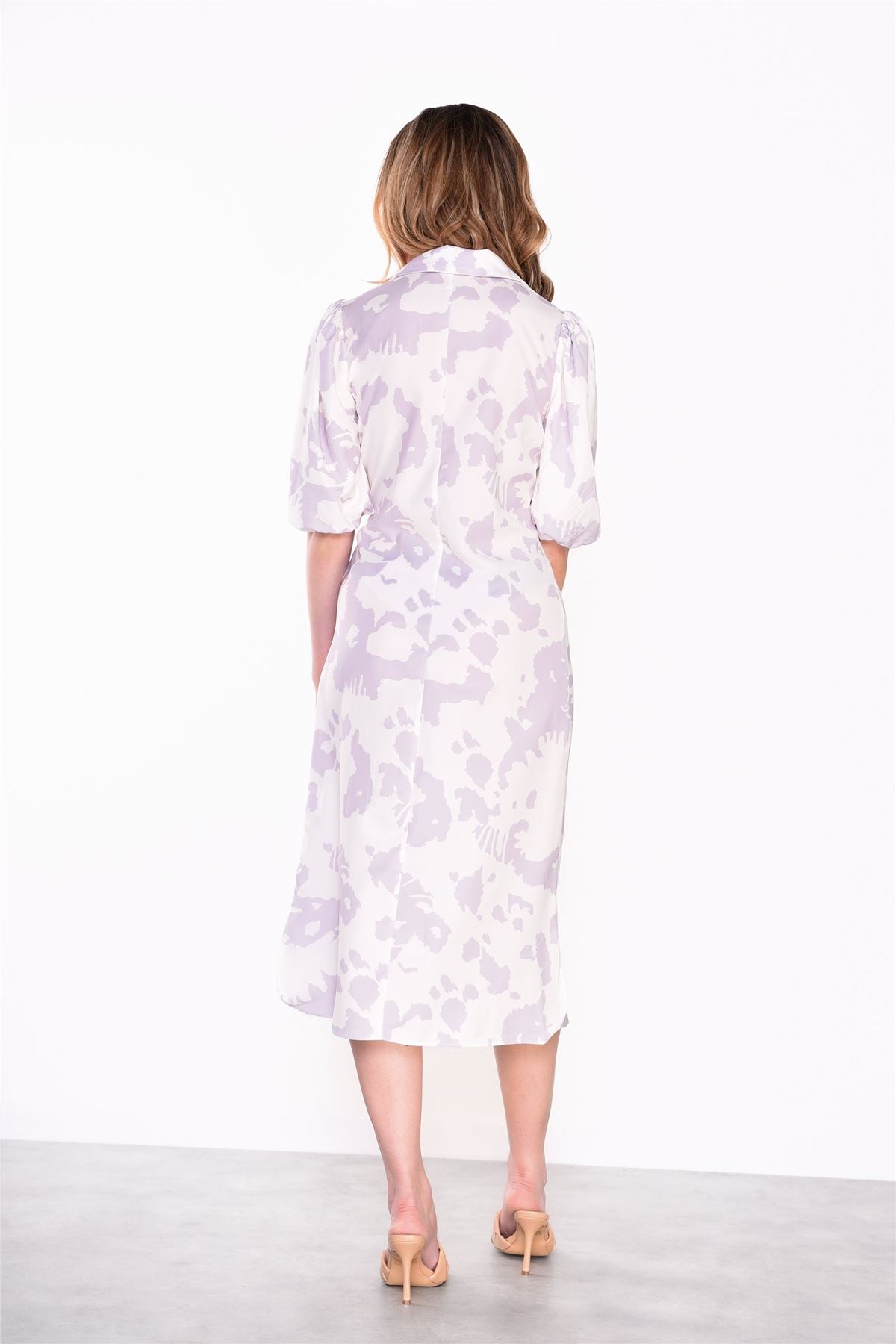 Misty-Lilac-Abstract Lapel-Collar Midi-Dresses