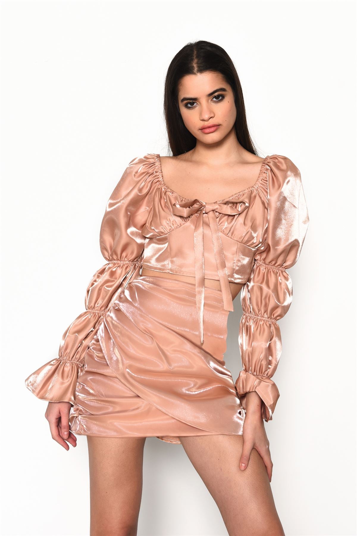 Nude Shimmer Draped Front Mini Skirt