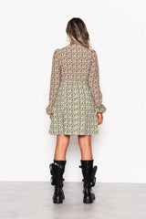 Multi Orange Yellow Ditsy V-Neck Balloon-Sleeve Mini Dress
