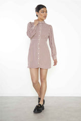 Burgundy Geometric Check Long Sleeve Mini Shirt Dress with Peter Pan Collar