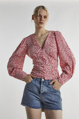 White Red Print Long Sleeve-Top
