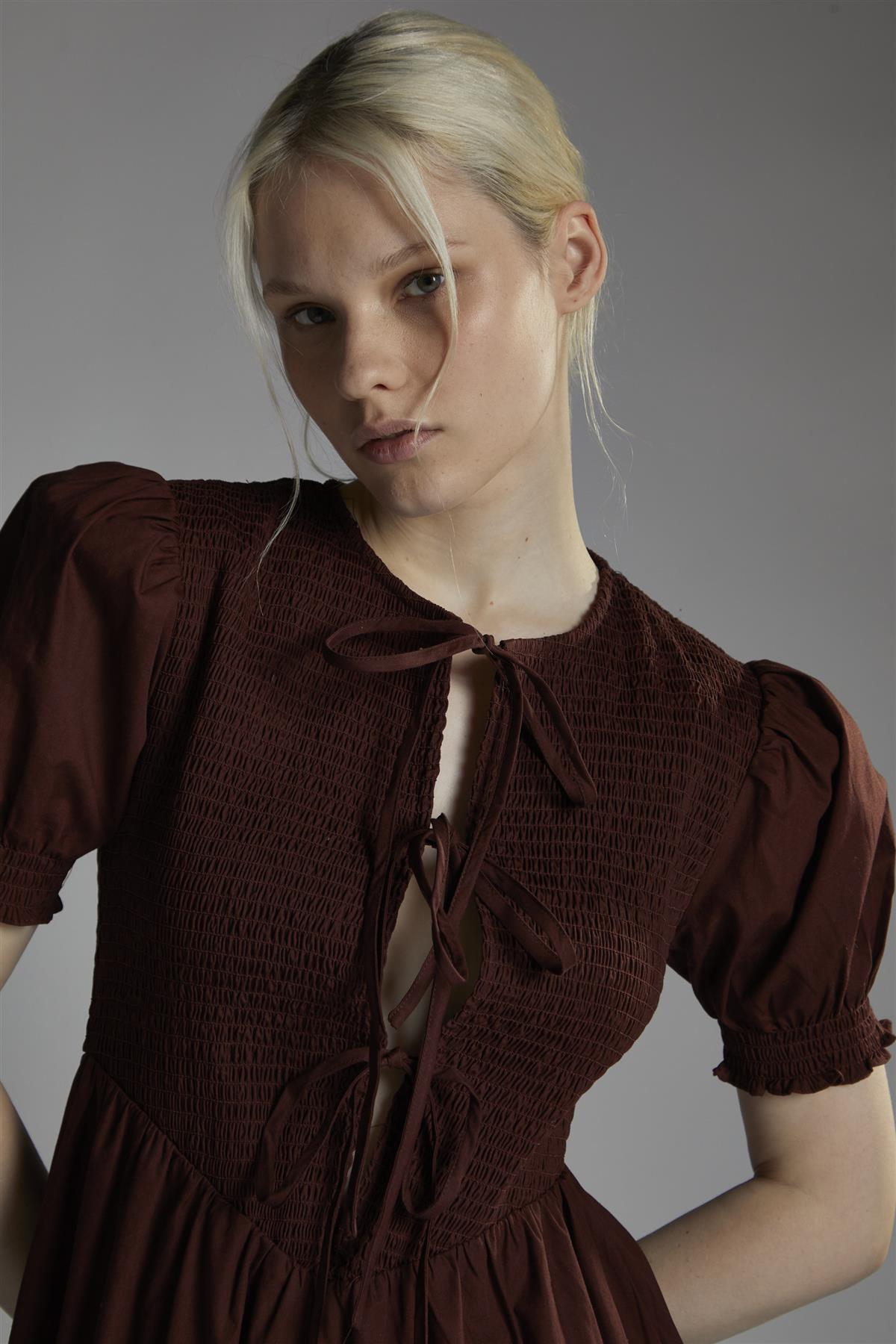 Burgundy Short-Puff-Sleeve-Tie-Front Maxi-Dress