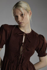 Burgundy Short-Puff-Sleeve-Tie-Front Maxi-Dress