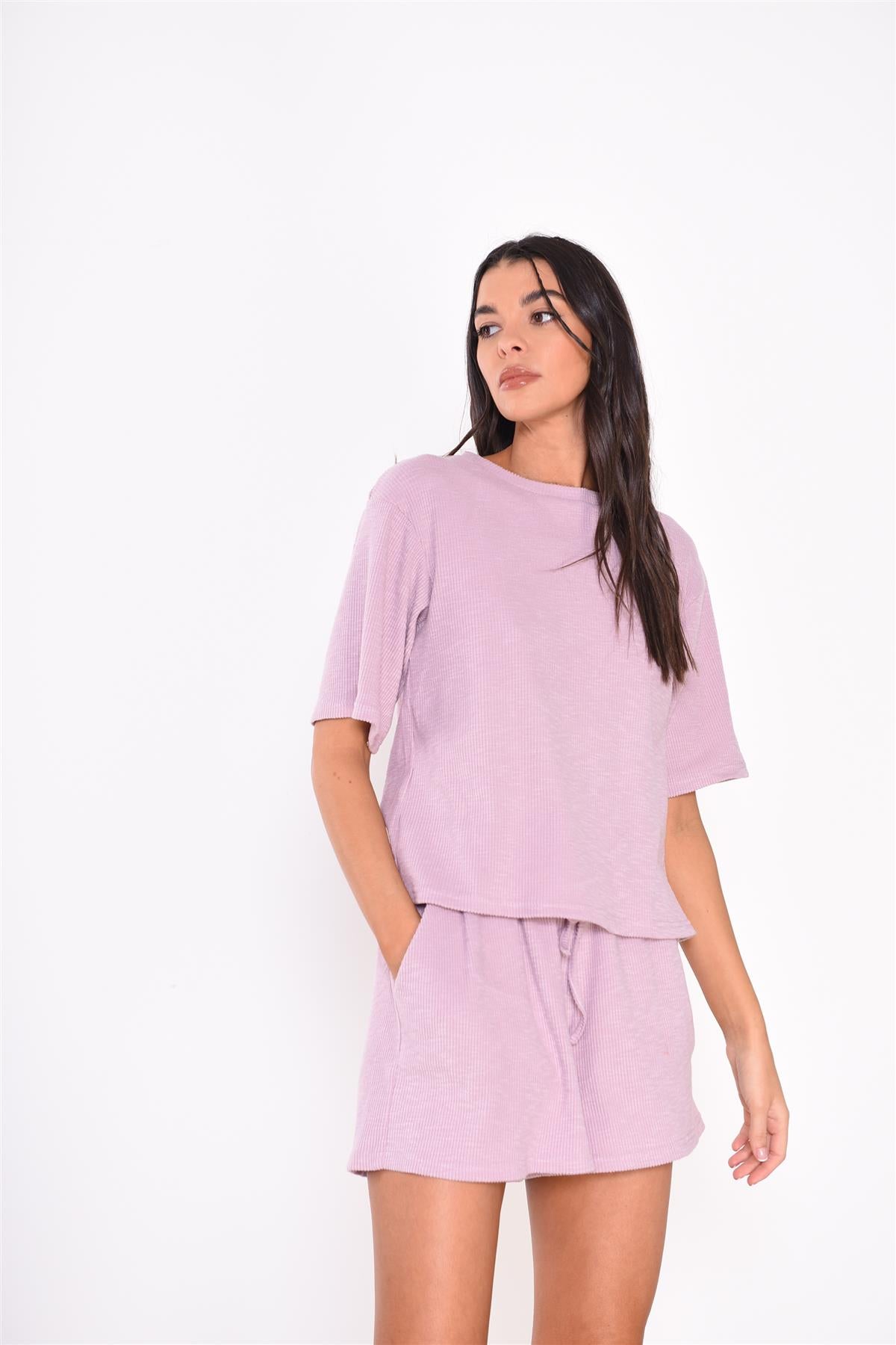 Lilac-Pink-Velour-Rib Round-Neck Short Sleeve-Top