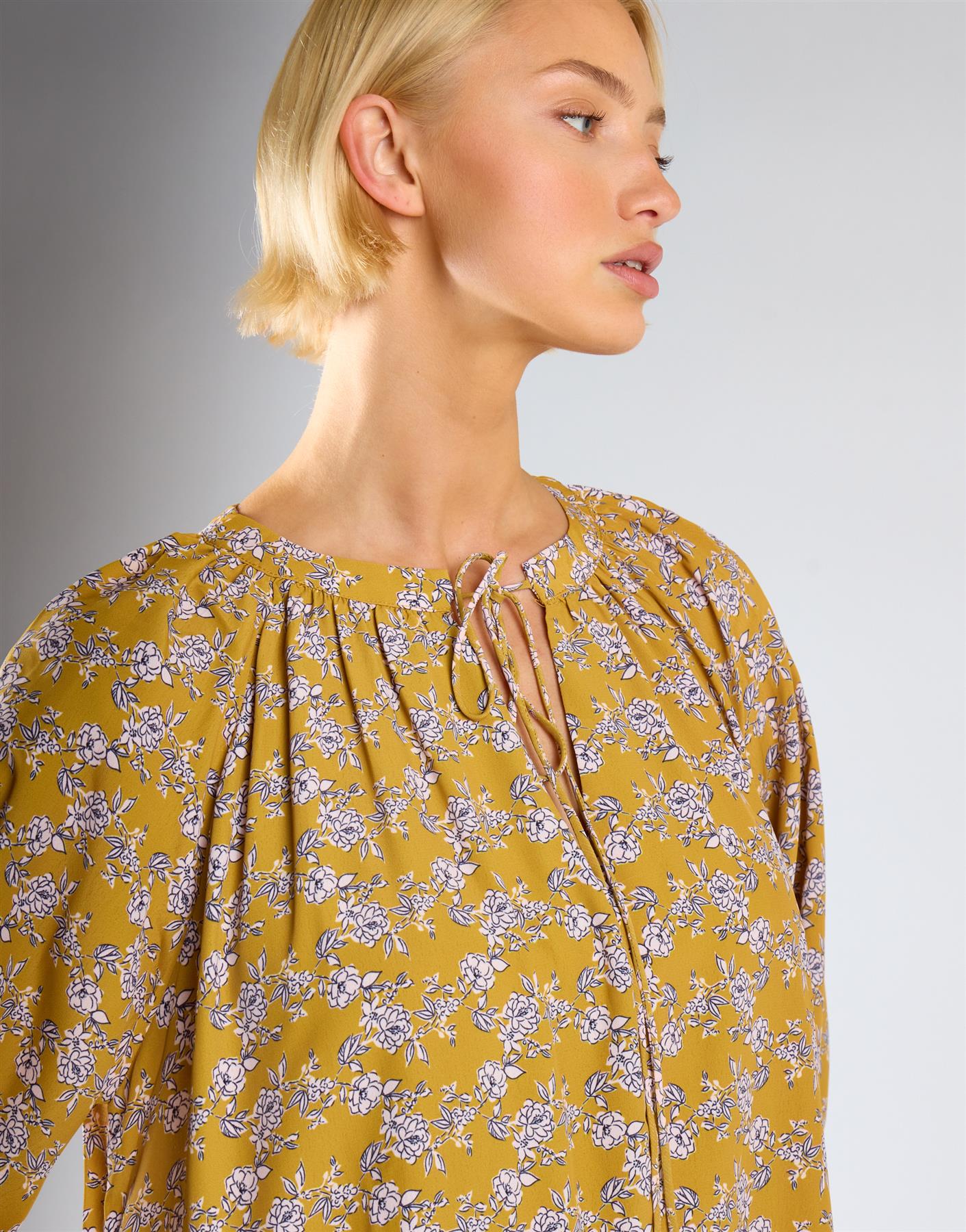 Ochre Floral Long Sleeve Floaty Dress