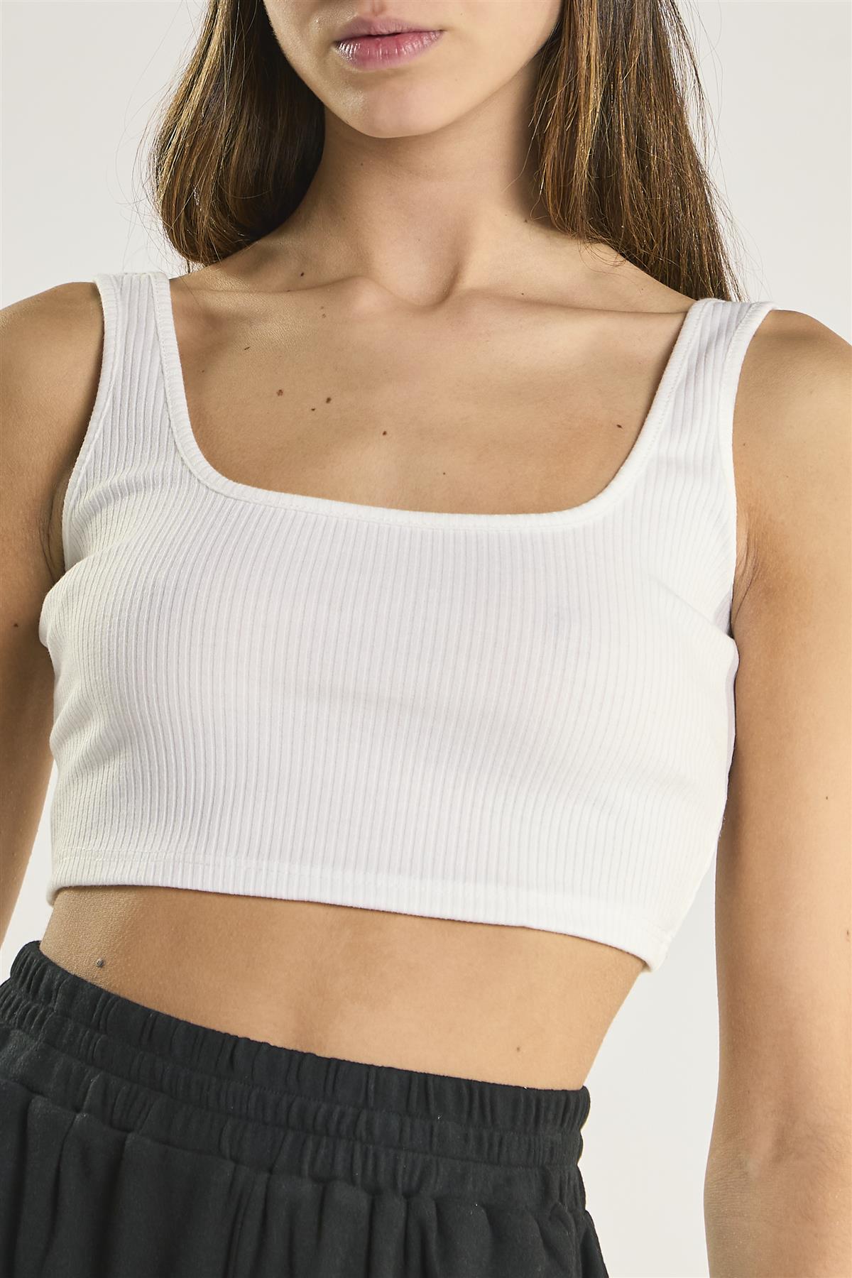 White-Rib Square-Neck Crop-Top