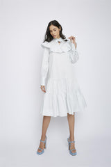 Pale Blue Broderie Ruffle Detail Midi Dresses