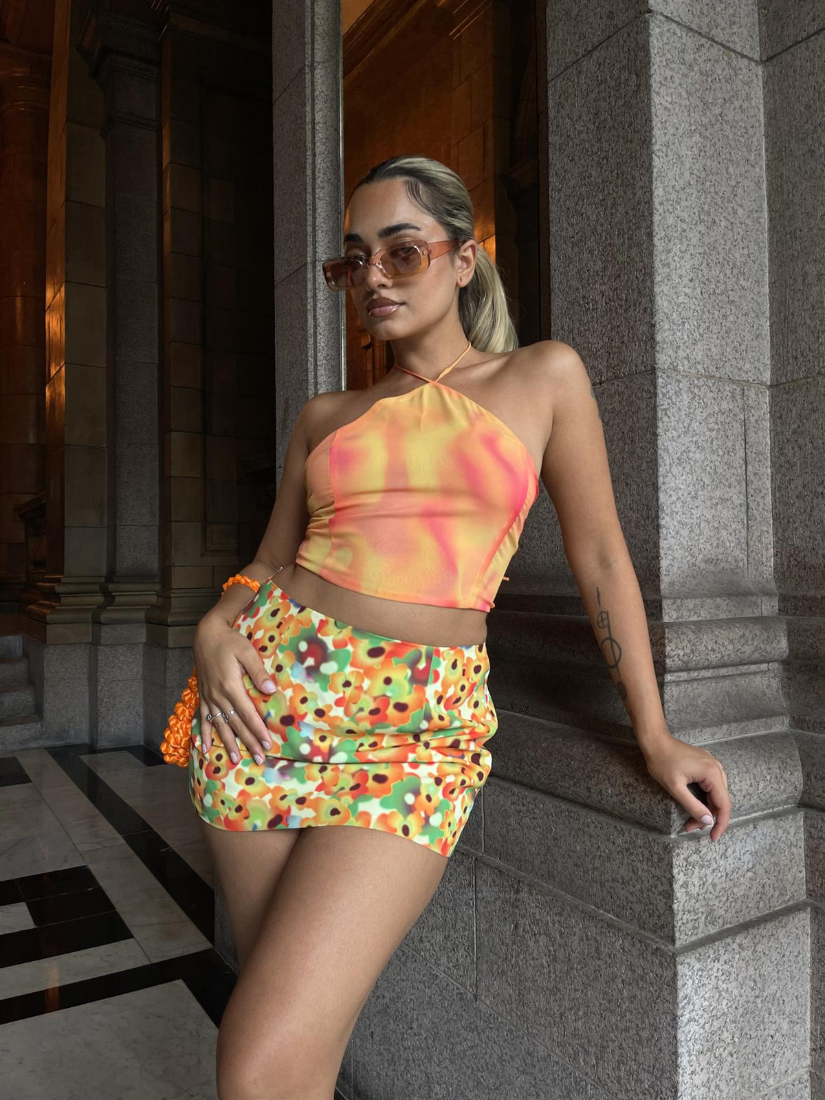 Orange Yellow Tie Dye Halter Crop Top