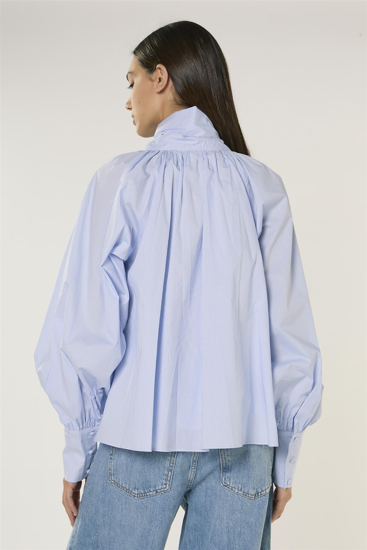 Blue Micro Check Raglan Volume Sleeve Blouse