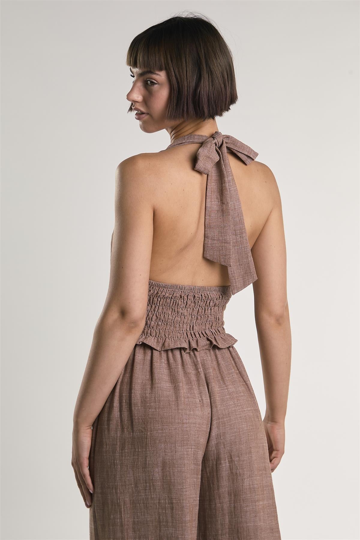 Mid Brown Fleck Smocked Halter Top