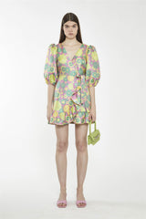 Pink-60s-Flower-Jacquard Wrap Mini Dress