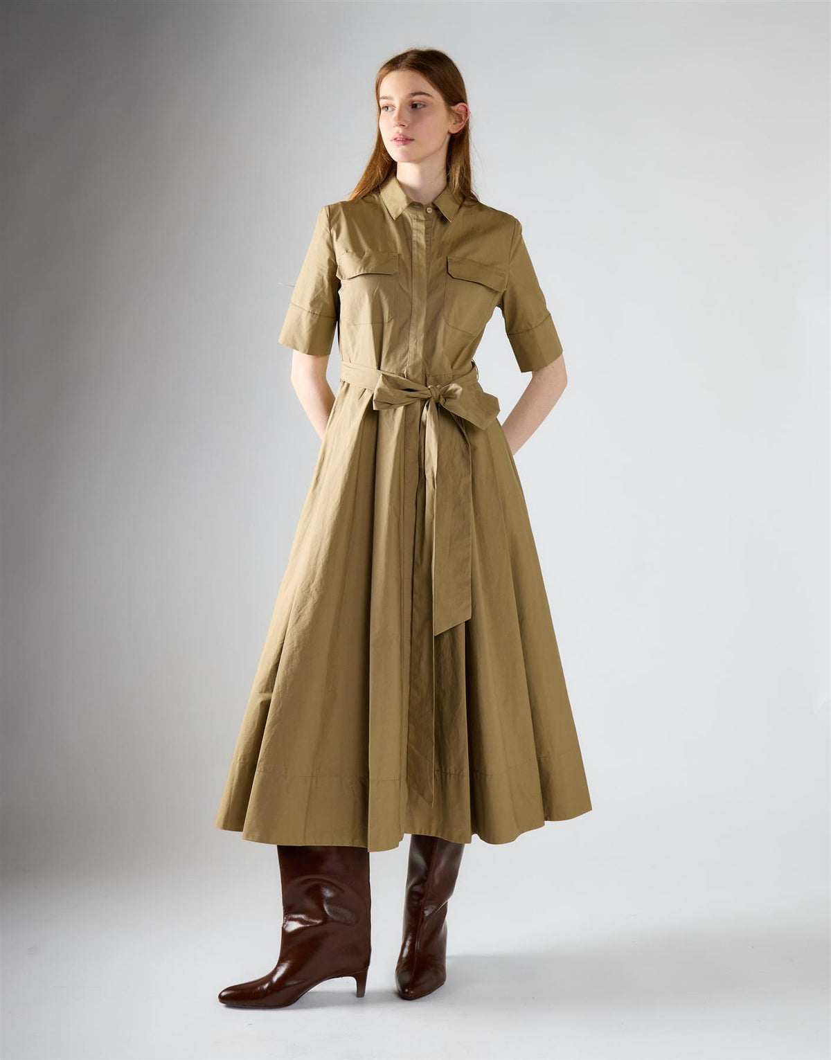Khaki Pleated Tie Waist Maxi Dress