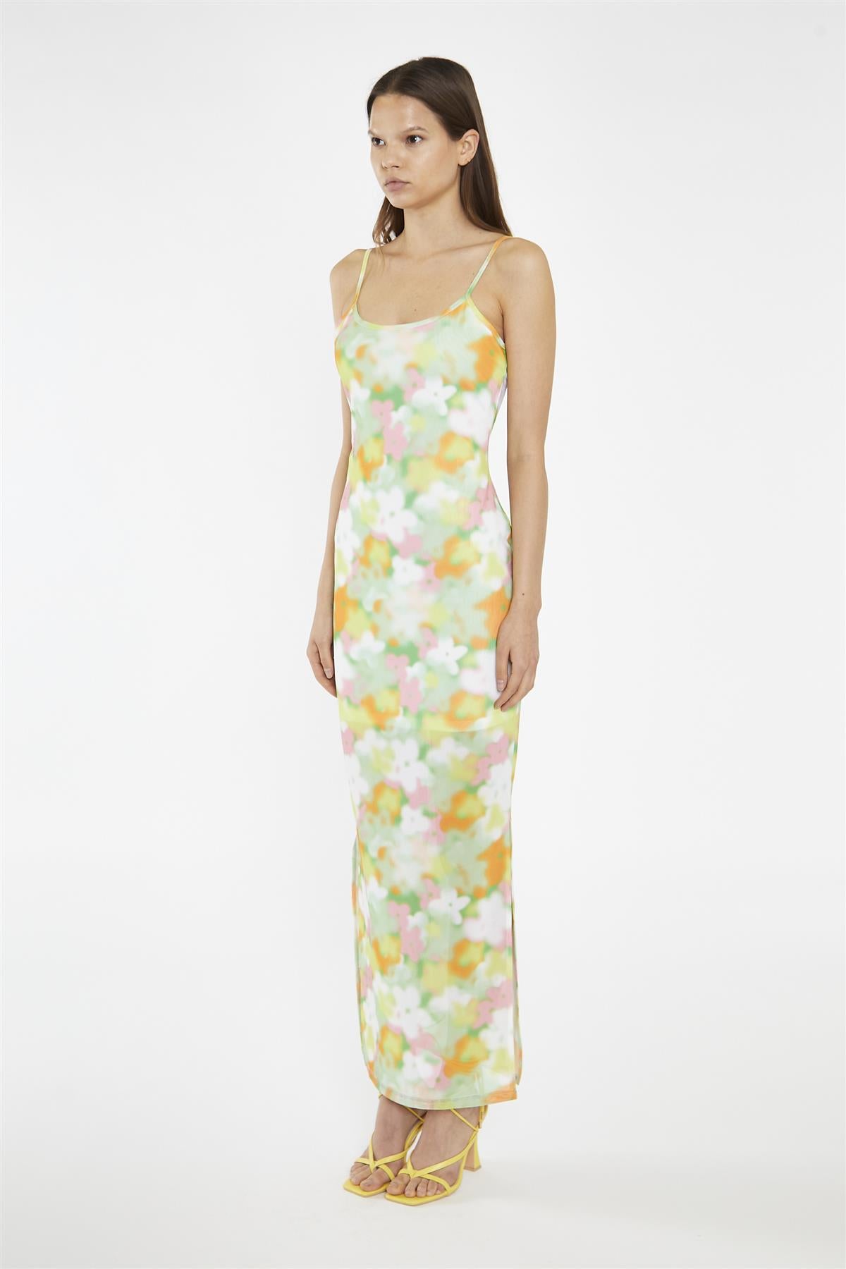 Blurred-Flower Mesh Bodycon Maxi-Dress