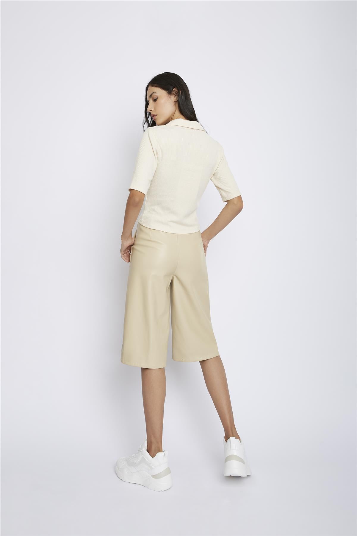 Dark-Cream Fitted-Button-Up-Polo-Top