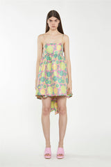 Pink-60s-Flower-Jacquard Tie Detail Mini Dress