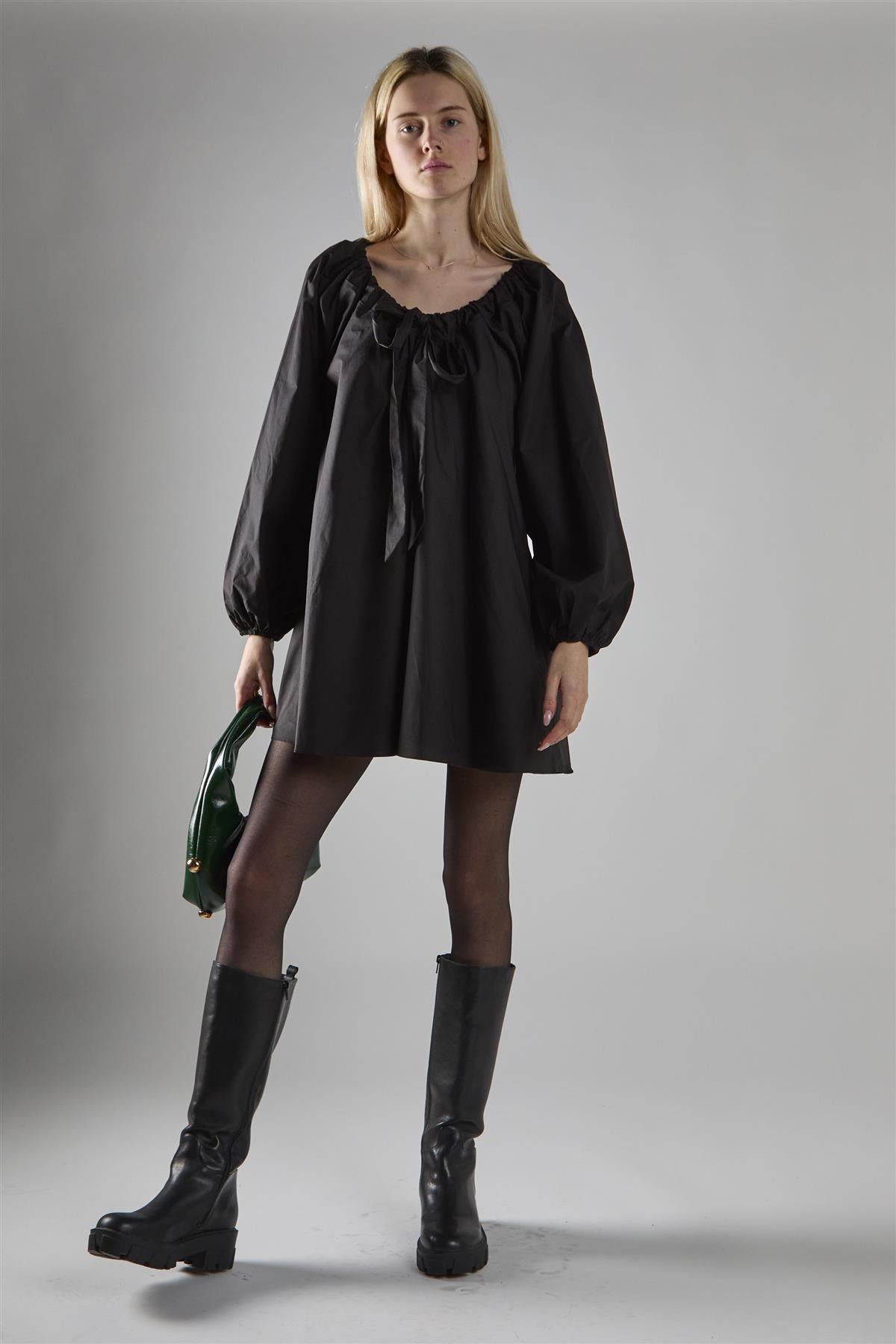 Black Long-Sleeve Tie Detail Mini-Dress