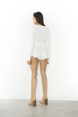 Off White Ribbed Long-Sleeve Lace-Up Crop-Top
