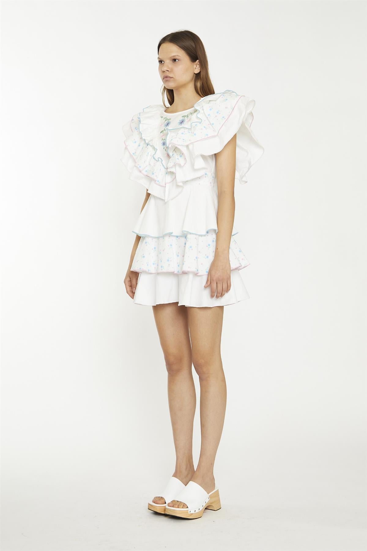White/Blue/Pink Ditsy-Mix Tiered-Frill Mini-Dress