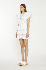 White/Blue/Pink Ditsy-Mix Tiered-Frill Mini-Dress