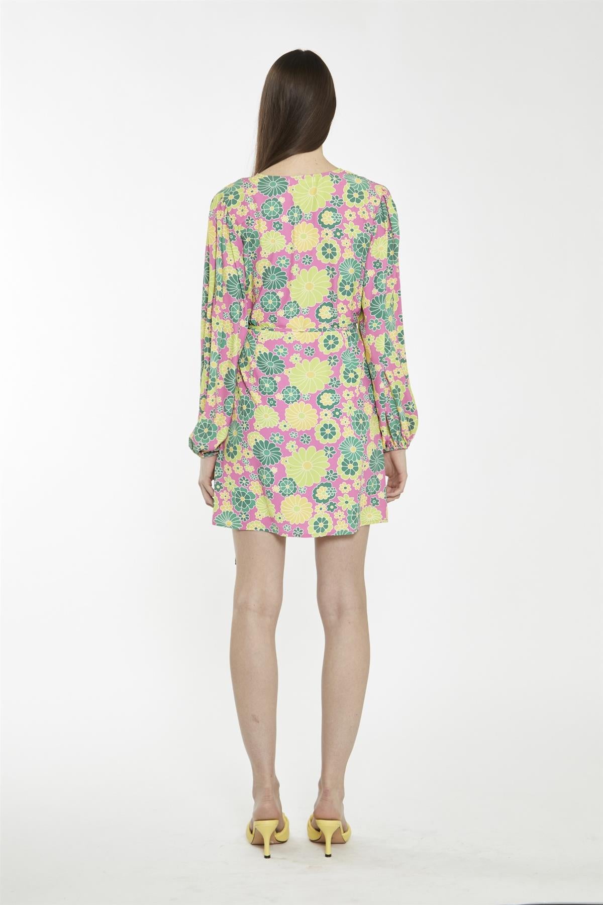 Pink-Multi-60S-Flower Wrap Mini-Dress