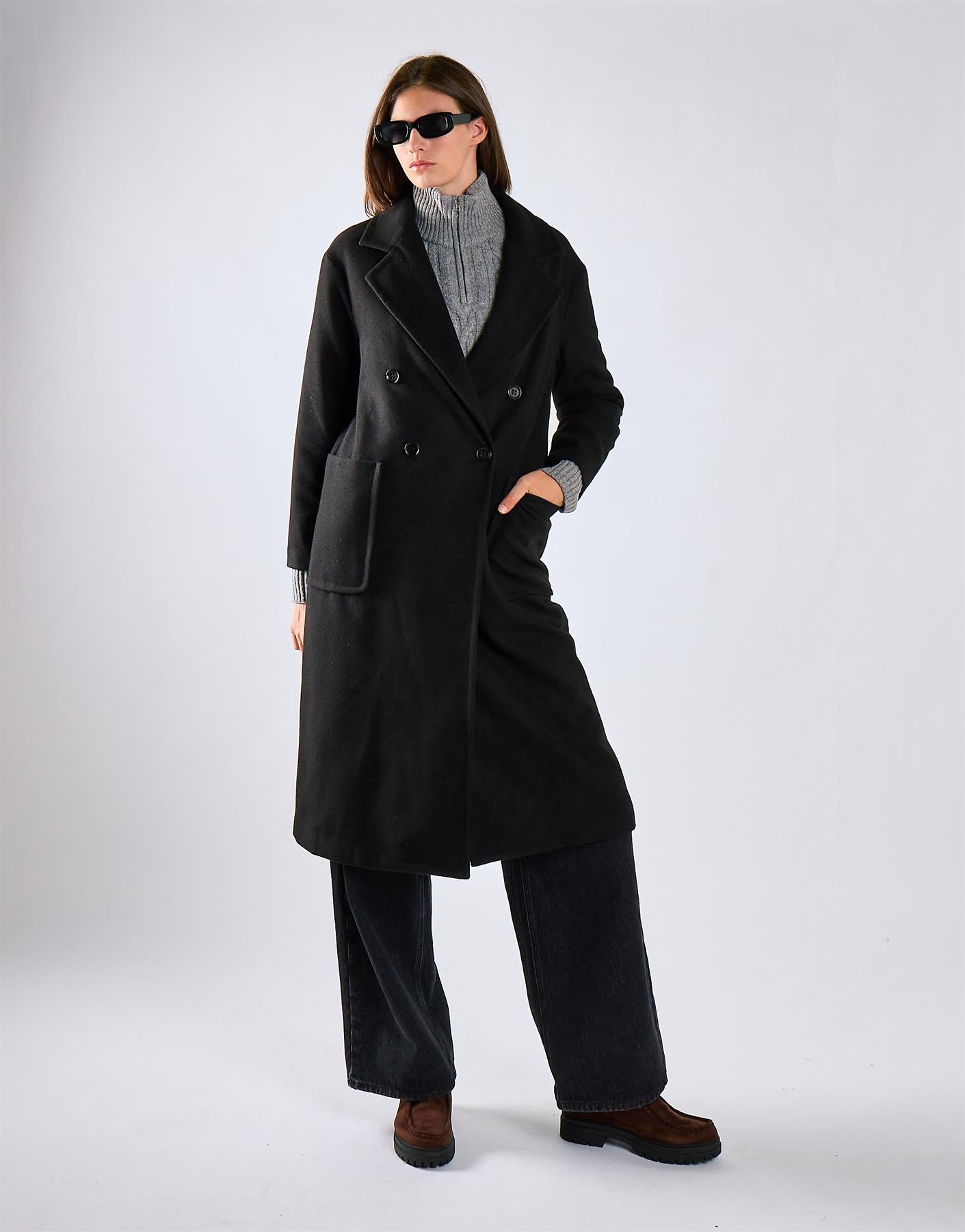 Black Lapel Collar Midi Coat