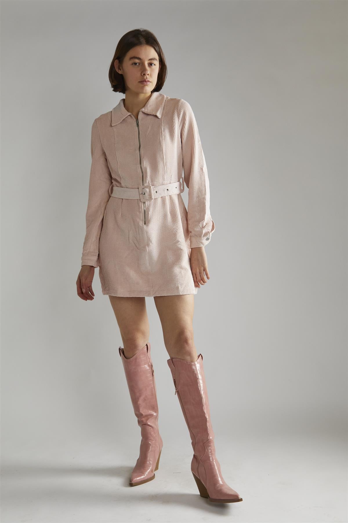 Light Pink Cord Long Sleeve Mini Dress