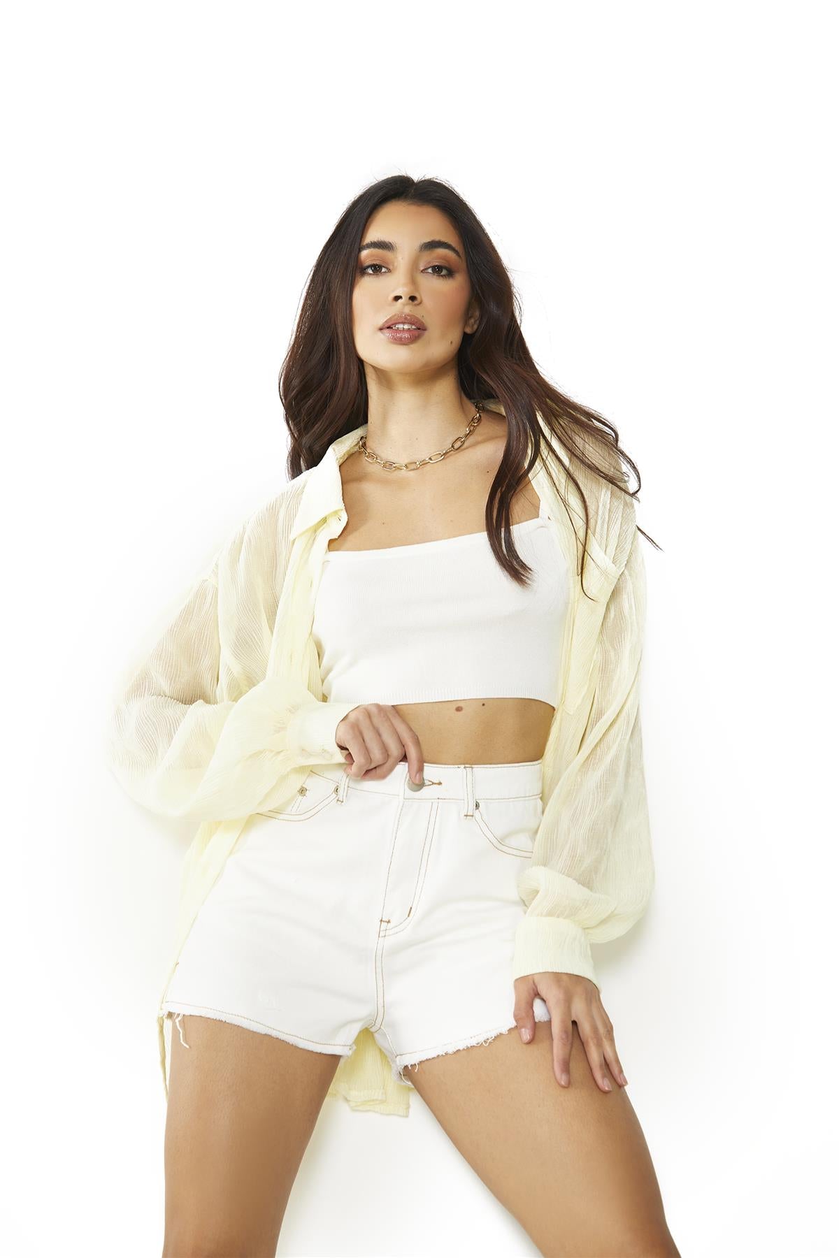 Pale-Lemon-Plisse Collared Long Sleeve-Top