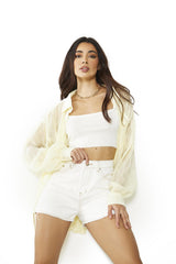 Pale-Lemon-Plisse Collared Long Sleeve-Top