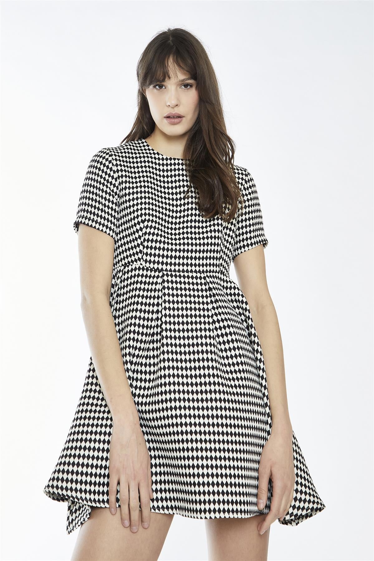 Black-White Diamond Crew-Neck Skater Mini-Dress