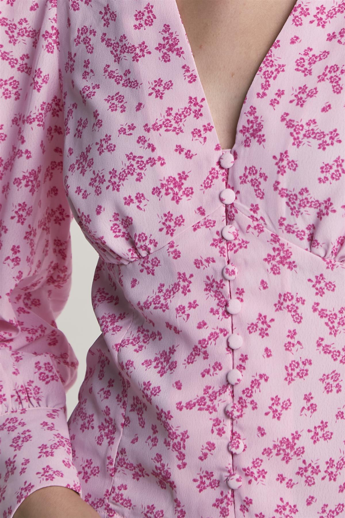 Pink-Fuschia-Ditsy Button-Front -Top