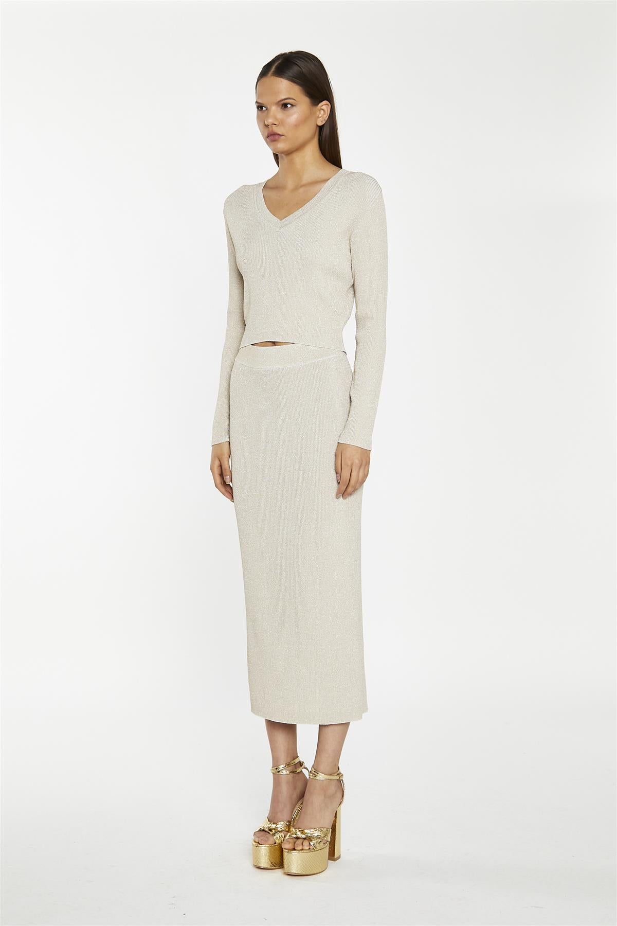 Gold Glitter Knit Midi Pencil Skirt
