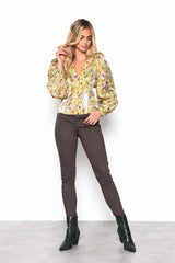 Smudgy Floral V-Neck Puff Sleeve Top with Button Detail
