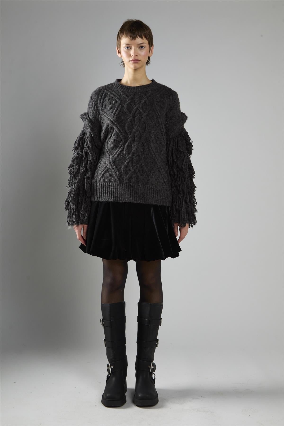 Charcoal Fringe Sleeve Cable Knit Jumper