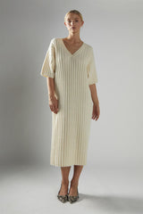 Ecru V-Neck-Knitted Midi-Dress