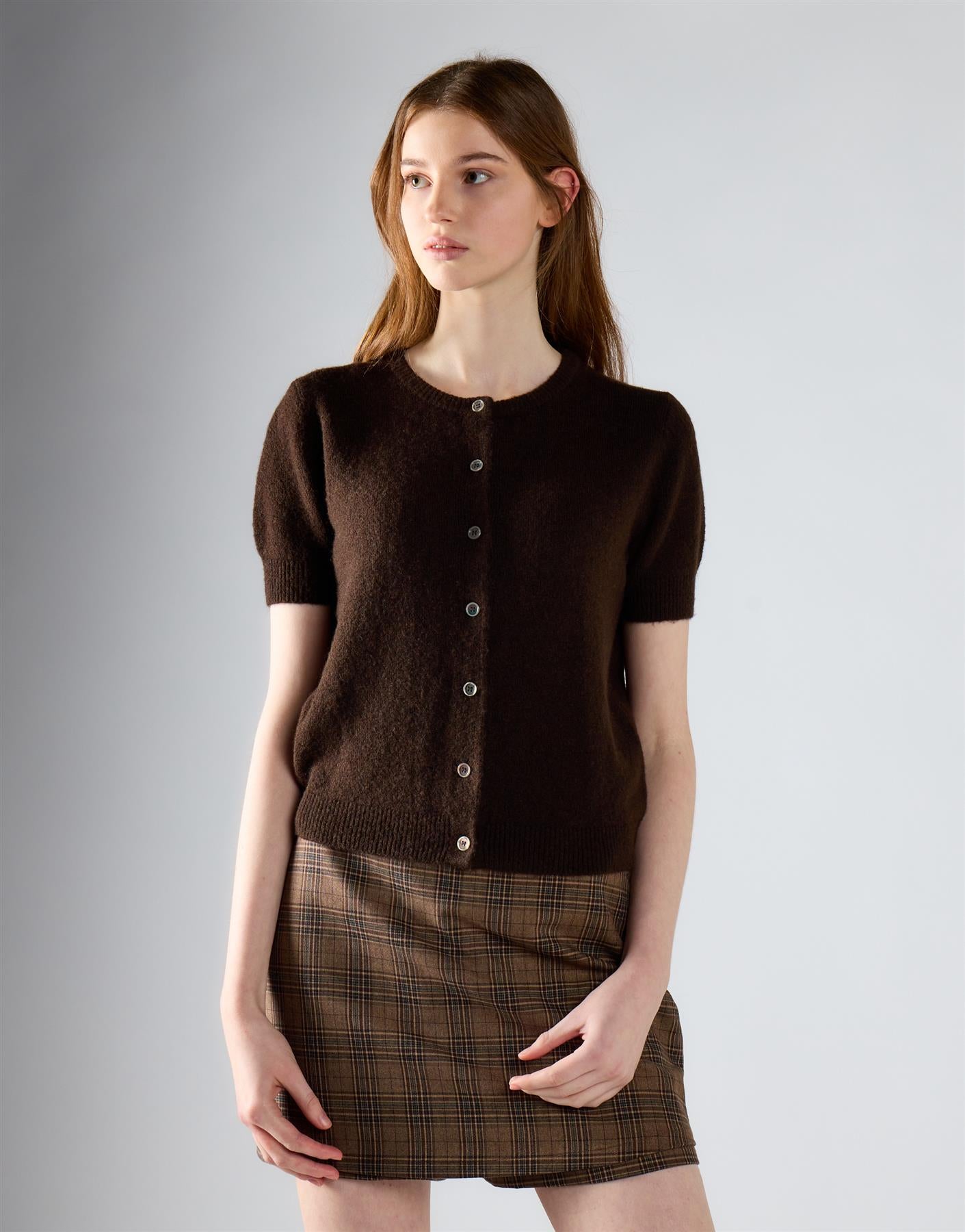 Khaki Brown Short Sleeve Cardigan