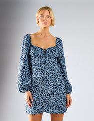 Dusty Blue Mini Floral V-Neck Shift Dress