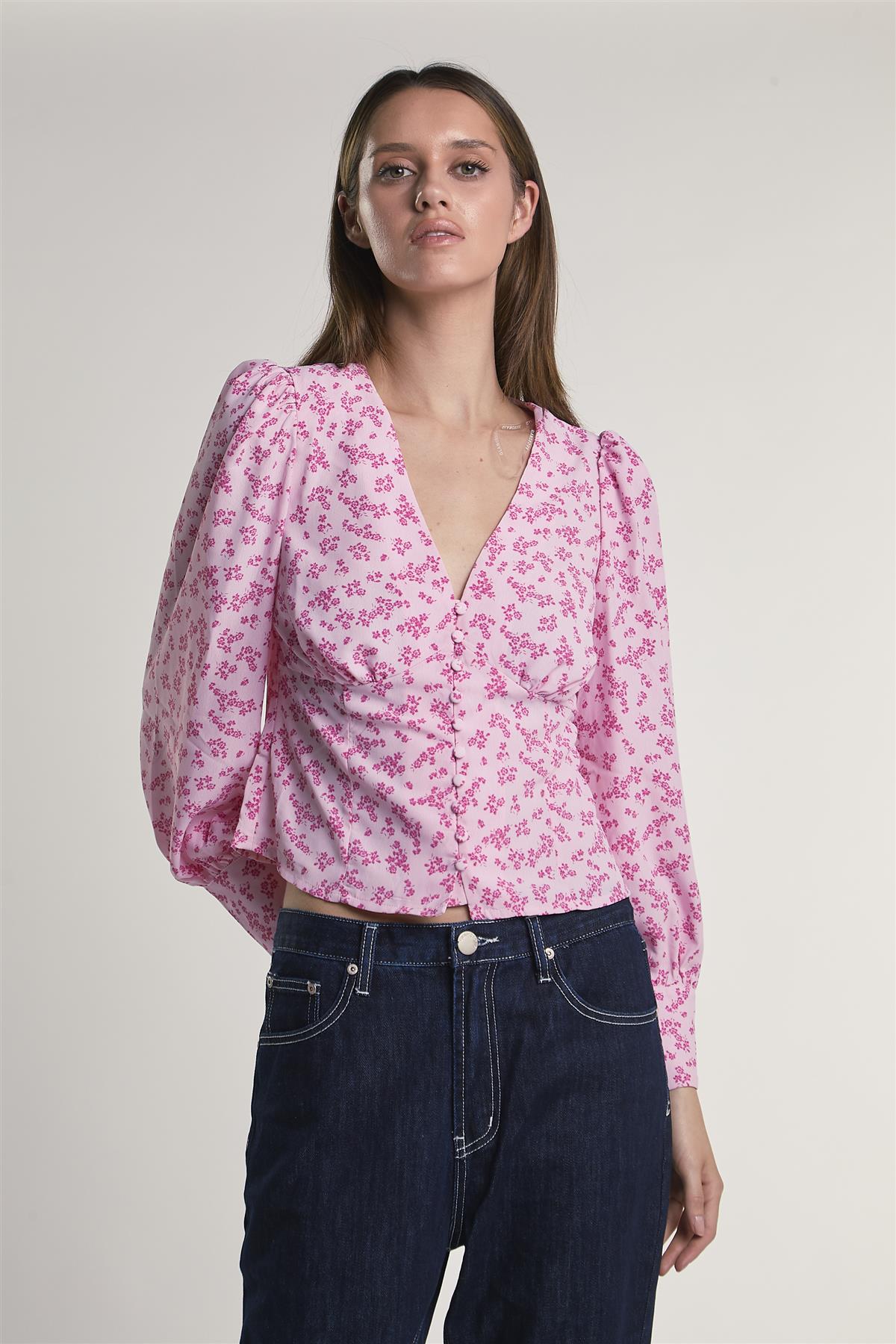 Pink-Fuschia-Ditsy Button-Front -Top