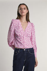 Pink-Fuschia-Ditsy Button-Front -Top