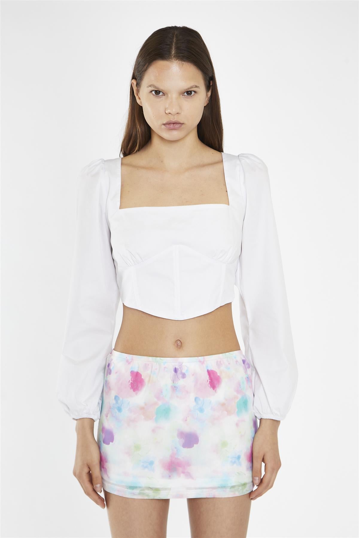 White Long Puff Sleeve Tie-Detail Crop-Top