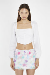 White Long Puff Sleeve Tie-Detail Crop-Top